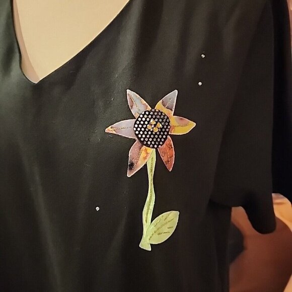 Vintage KARLA MARIE BLACK Casual T-shirt Dress PM Petite Medium Sun Flowers - Picture 2 of 5